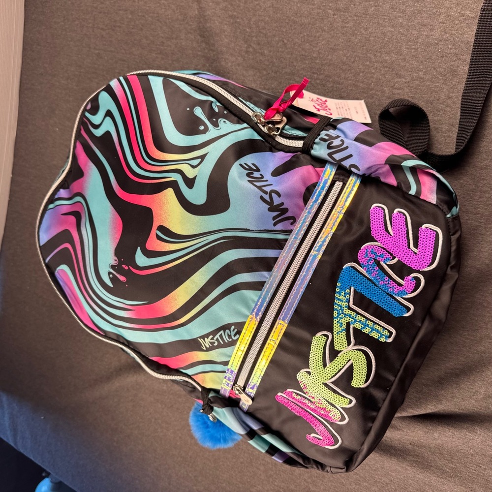 Justice Girls Backpack Black Neon Swirl Sequined Logo Pom Pom NWT